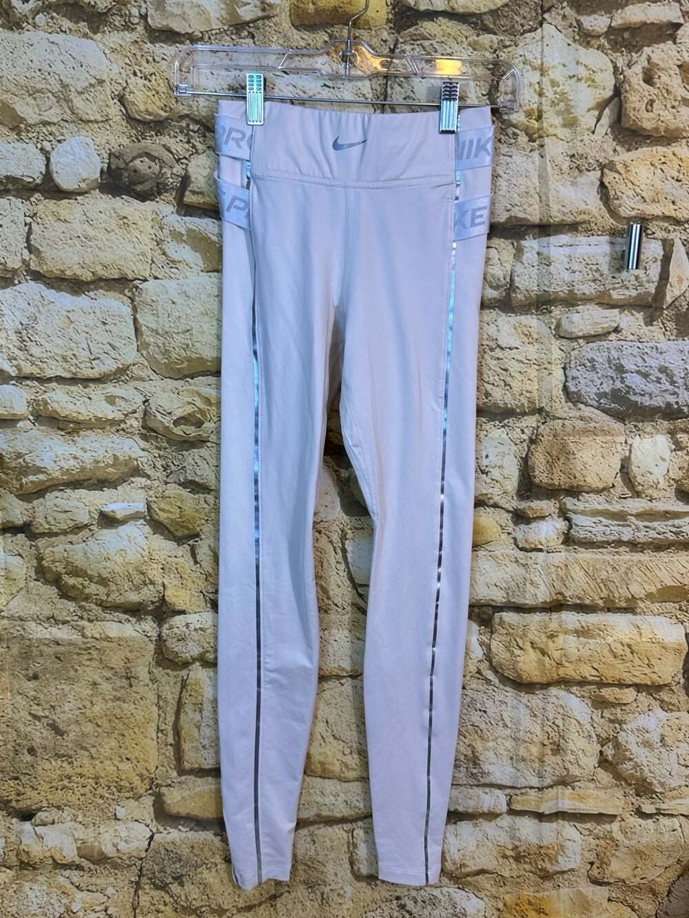 Nike Pro Hyperwarm White Compression Leggings with Reflective Side Stripes